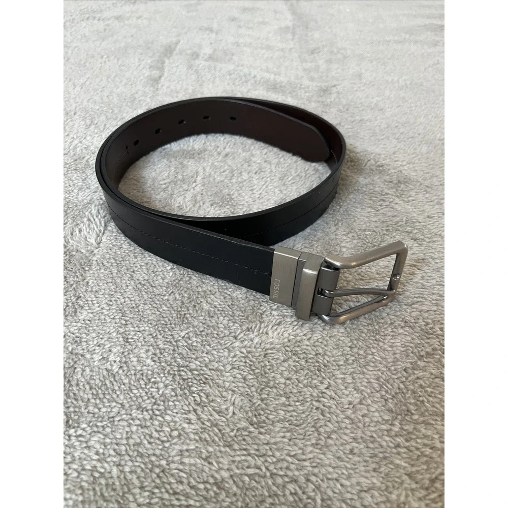 Fossil Men Black Leather Silver Metal Heavy Buckle Belt Size 8.5 34 Flawed